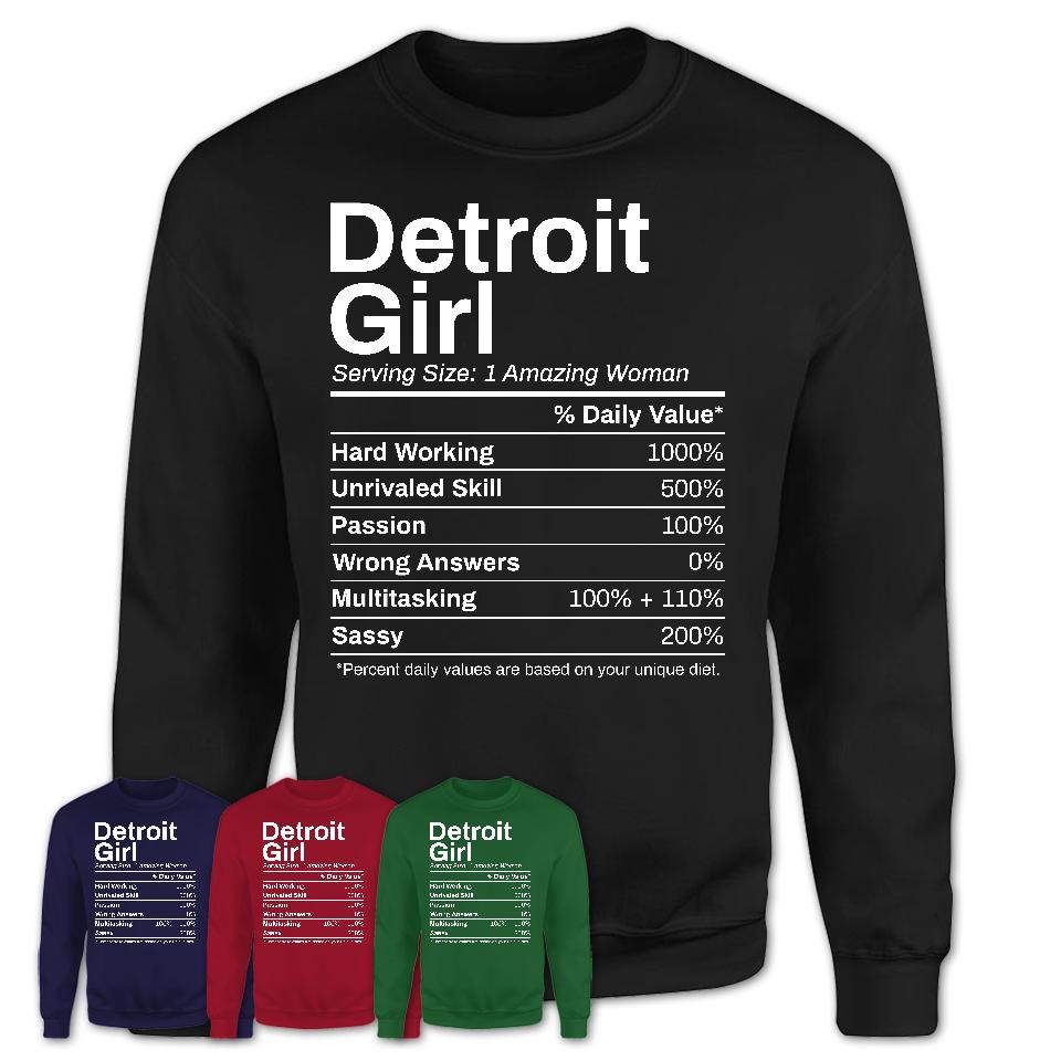 Detroit Girl Michigan Nutrition Facts Proud Vintage Sport Born Living City Home Roots USA Gift Women T-Shirt