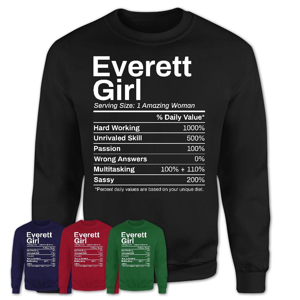 Everett Girl Washington Nutrition Facts Proud Vintage Sport Born Living City Home Roots USA Gift Women T-Shirt
