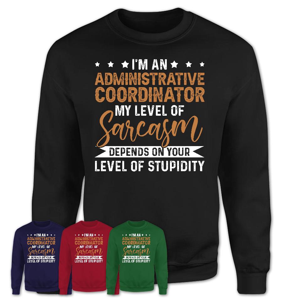 Funny Administrative Coordinator Shirt My Level of Sarcasm Depends on Your Level Of Stupidity T Shirt