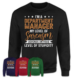 Funny Department Manager Shirt My Level of Sarcasm Depends on Your Level Of Stupidity T Shirt
