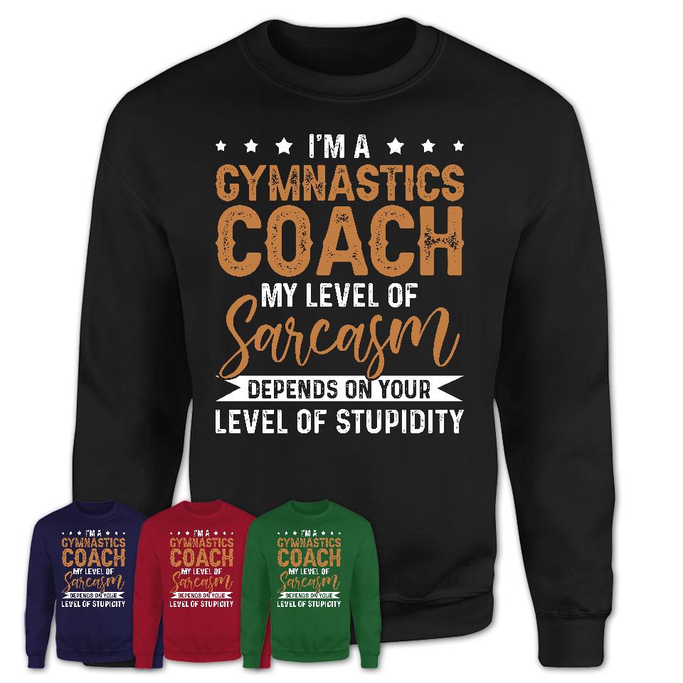 Funny Gymnastics Coach Shirt My Level of Sarcasm Depends on Your Level Of Stupidity T Shirt