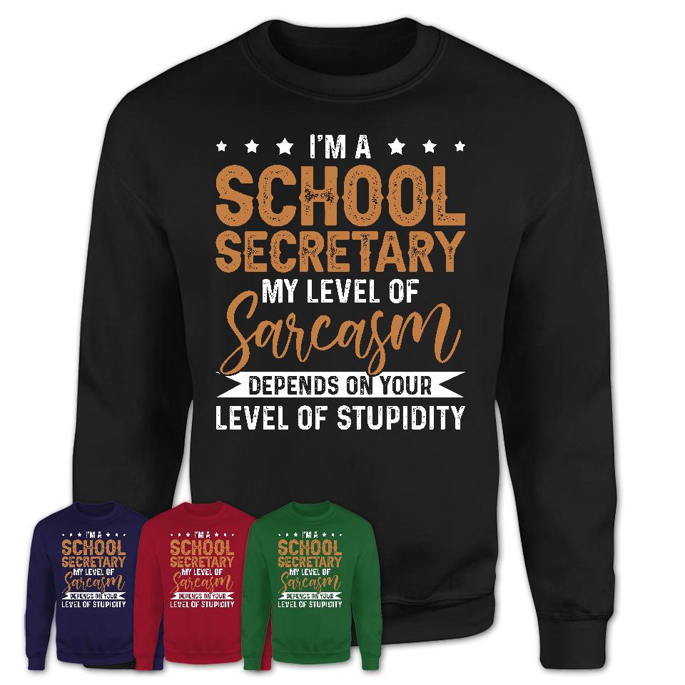 Funny School Secretary Shirt My Level of Sarcasm Depends on Your Level Of Stupidity T Shirt