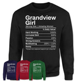 Grandview Girl Missouri Nutrition Facts Proud Vintage Sport Born Living City Home Roots USA Gift Women T-Shirt