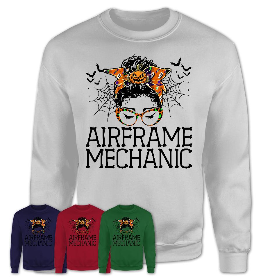 Halloween Airframe Mechanic Shirt, Messy Bun Girl Shirt, Funny Coworker Gift in Halloween, Scary Costume Team Shirt