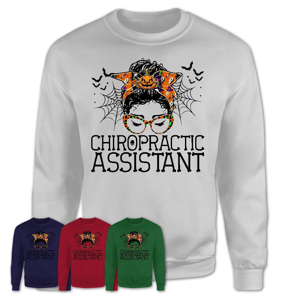 Halloween Chiropractic Assistant Shirt, Messy Bun Girl Shirt, Funny Coworker Gift in Halloween, Scary Costume Team Shirt