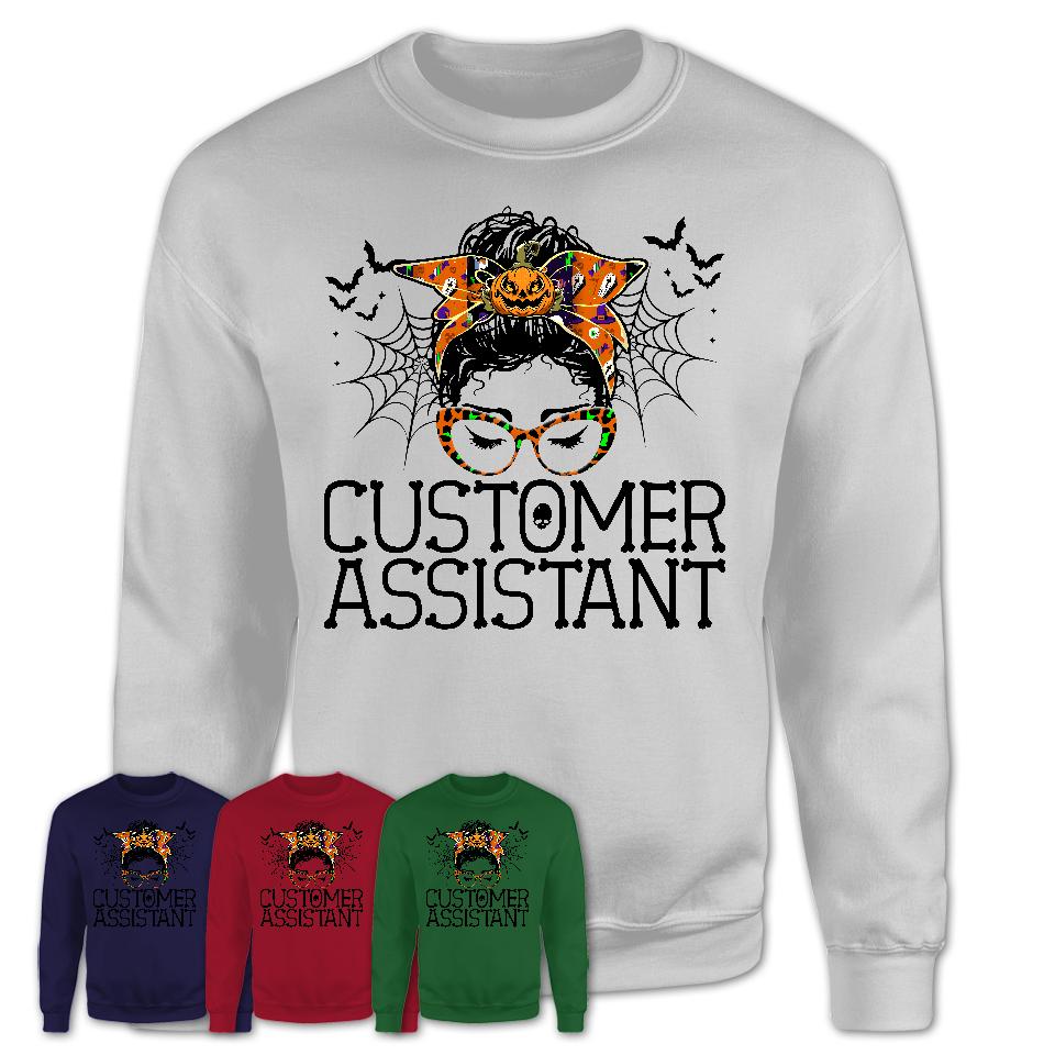 Halloween Customer Assistant Shirt, Messy Bun Girl Shirt, Funny Coworker Gift in Halloween, Scary Costume Team Shirt
