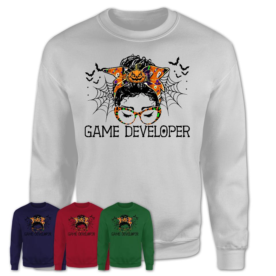 Halloween Game Developer Shirt, Messy Bun Girl Shirt, Funny Coworker Gift in Halloween, Scary Costume Team Shirt