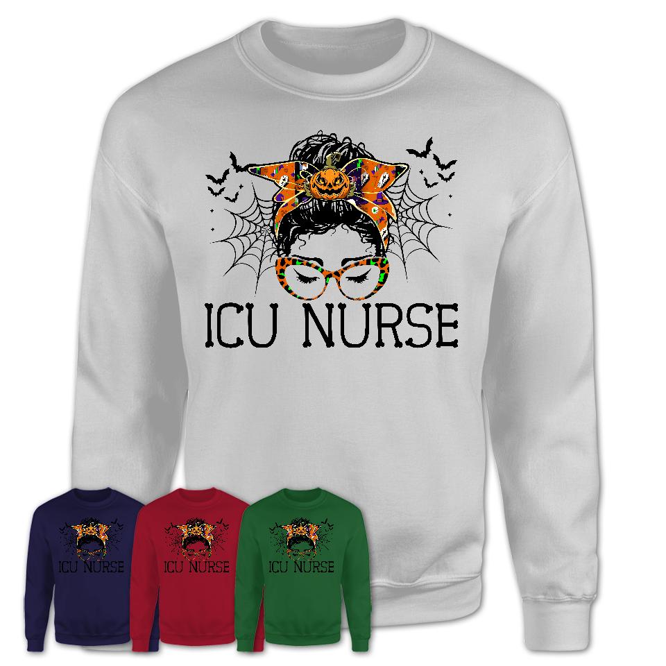 Halloween ICU Nurse Shirt, Messy Bun Girl Shirt, Funny Coworker Gift in Halloween, Scary Costume Team Shirt