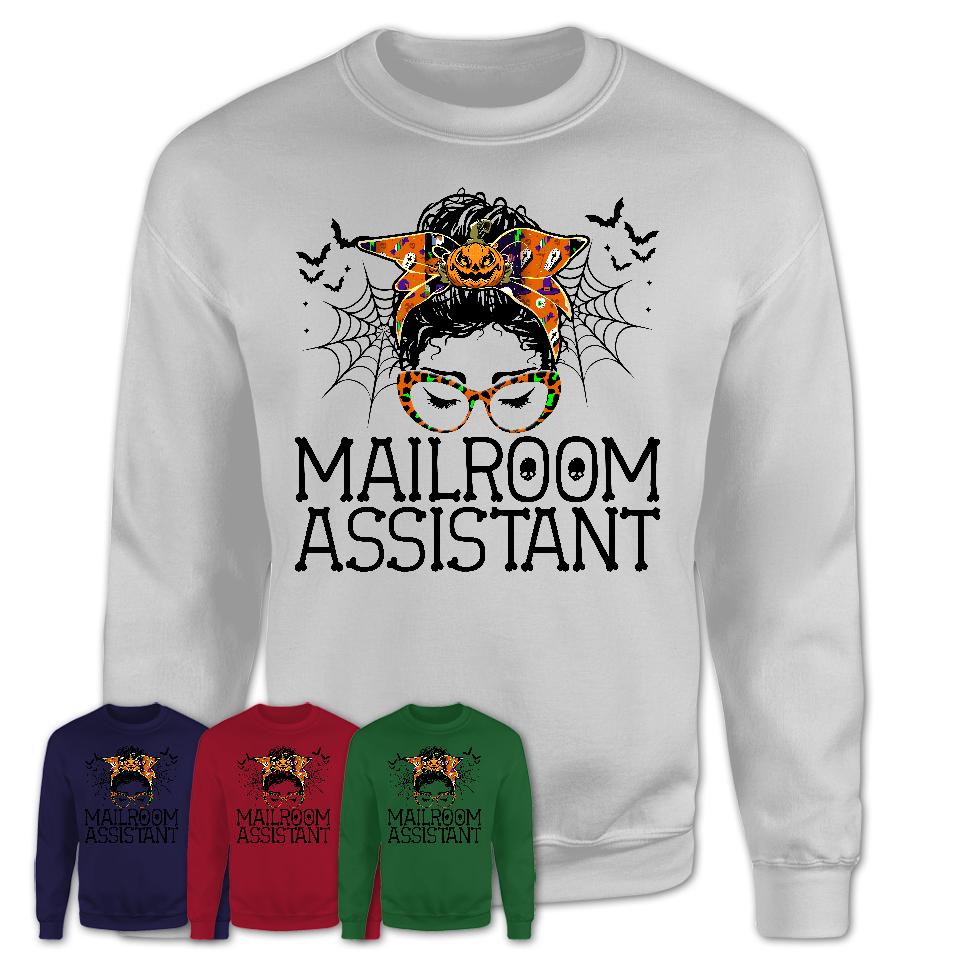 Halloween Mailroom Assistant Shirt, Messy Bun Girl Shirt, Funny Coworker Gift in Halloween, Scary Costume Team Shirt