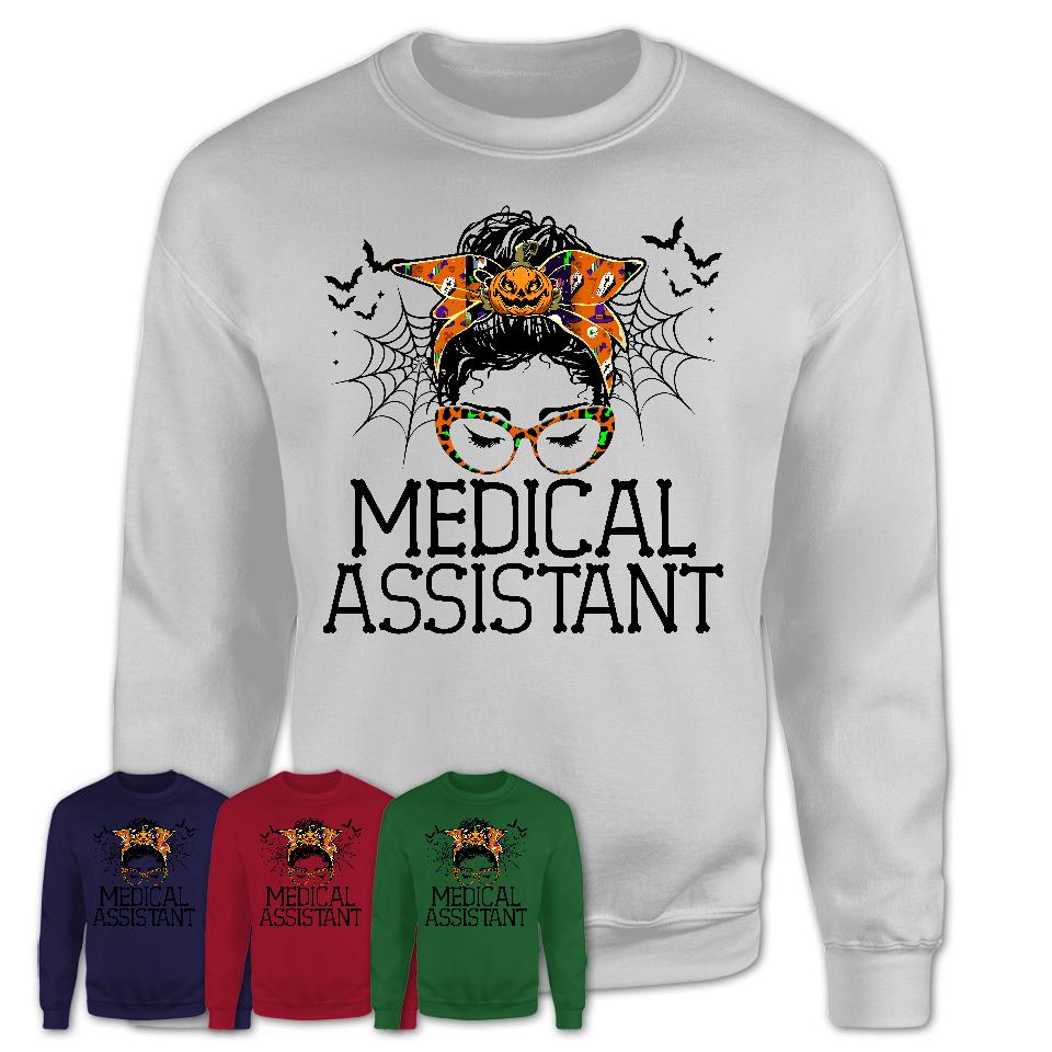Halloween Medical Assistant Shirt, Messy Bun Girl Shirt, Funny Coworker Gift in Halloween, Scary Costume Team Shirt