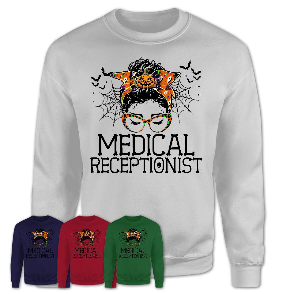 Halloween Medical Receptionist Shirt, Messy Bun Girl Shirt, Funny Coworker Gift in Halloween, Scary Costume Team Shirt
