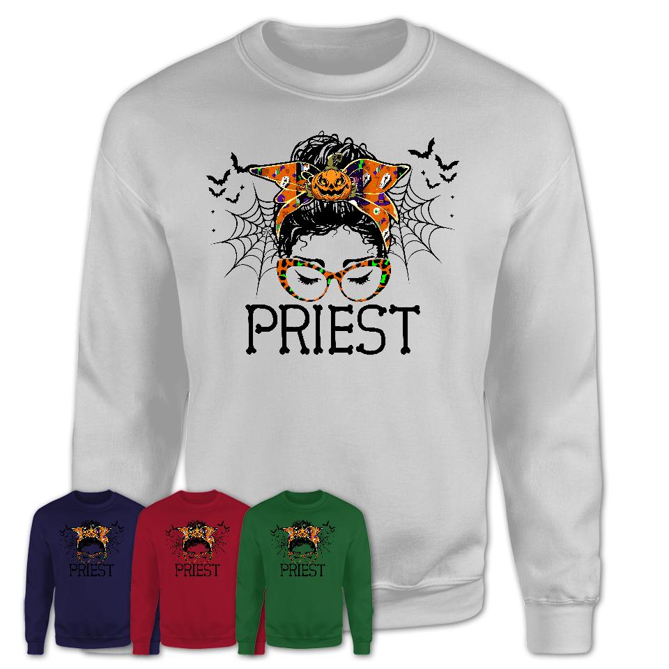 Halloween Priest Shirt, Messy Bun Girl Shirt, Funny Coworker Gift in Halloween, Scary Costume Team Shirt
