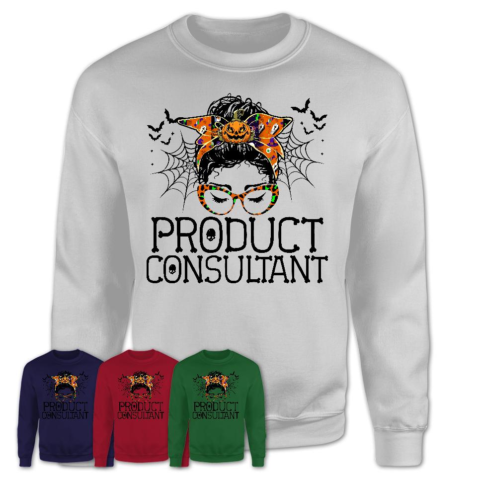 Halloween Product Consultant Shirt, Messy Bun Girl Shirt, Funny Coworker Gift in Halloween, Scary Costume Team Shirt