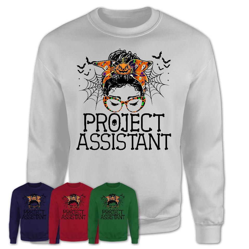 Halloween Project Assistant Shirt, Messy Bun Girl Shirt, Funny Coworker Gift in Halloween, Scary Costume Team Shirt