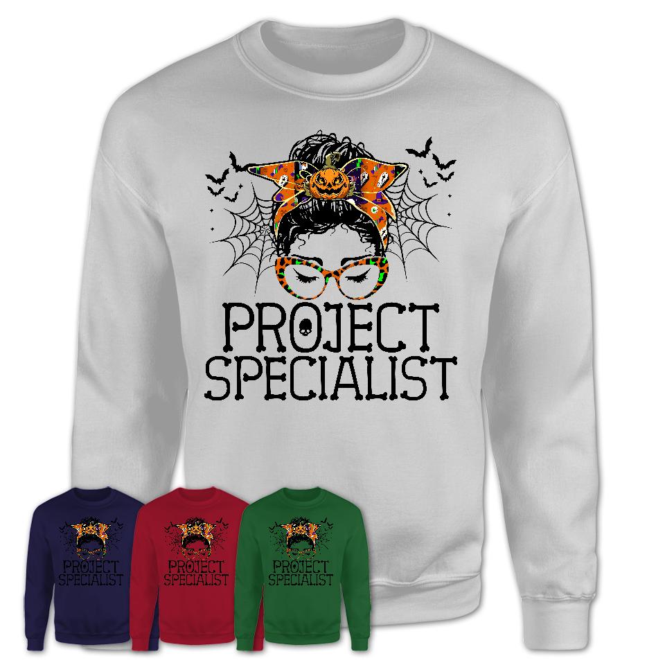 Halloween Project Specialist Shirt, Messy Bun Girl Shirt, Funny Coworker Gift in Halloween, Scary Costume Team Shirt