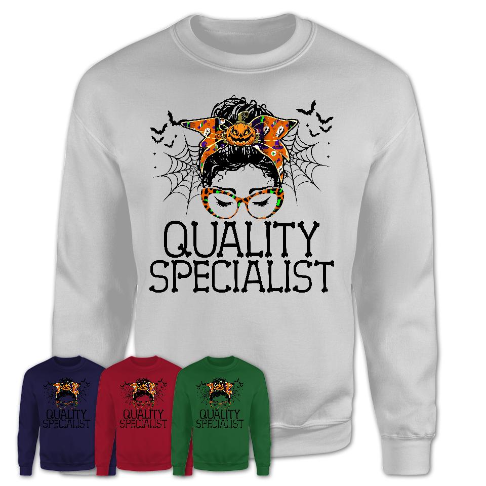Halloween Quality Specialist Shirt, Messy Bun Girl Shirt, Funny Coworker Gift in Halloween, Scary Costume Team Shirt