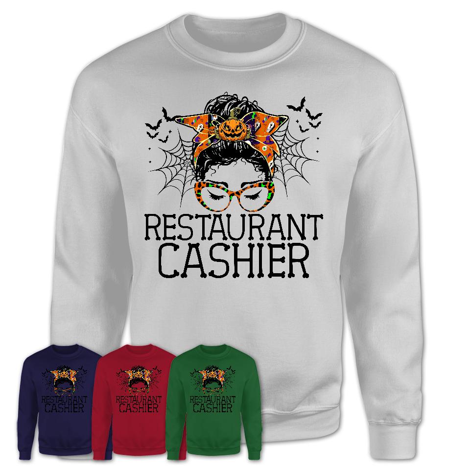 Halloween Restaurant Cashier Shirt, Messy Bun Girl Shirt, Funny Coworker Gift in Halloween, Scary Costume Team Shirt