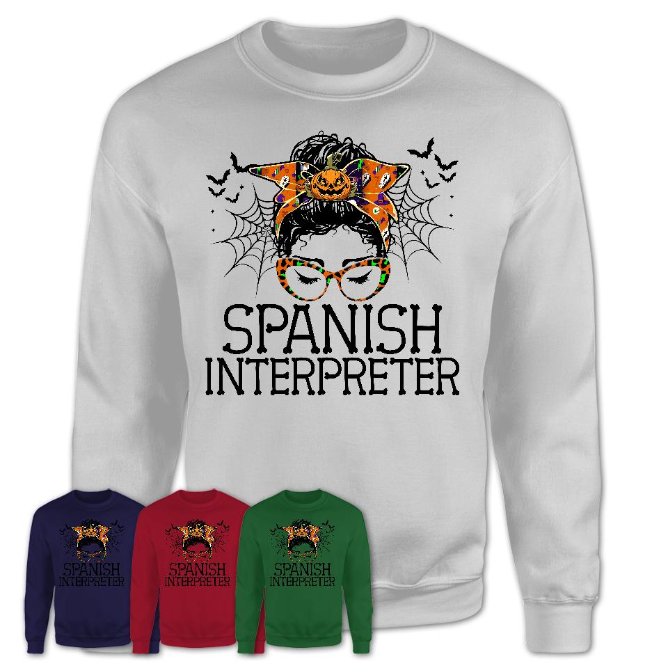 Halloween Spanish Interpreter Shirt, Messy Bun Girl Shirt, Funny Coworker Gift in Halloween, Scary Costume Team Shirt