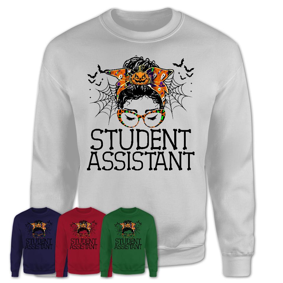 Halloween Student Assistant Shirt, Messy Bun Girl Shirt, Funny Coworker Gift in Halloween, Scary Costume Team Shirt