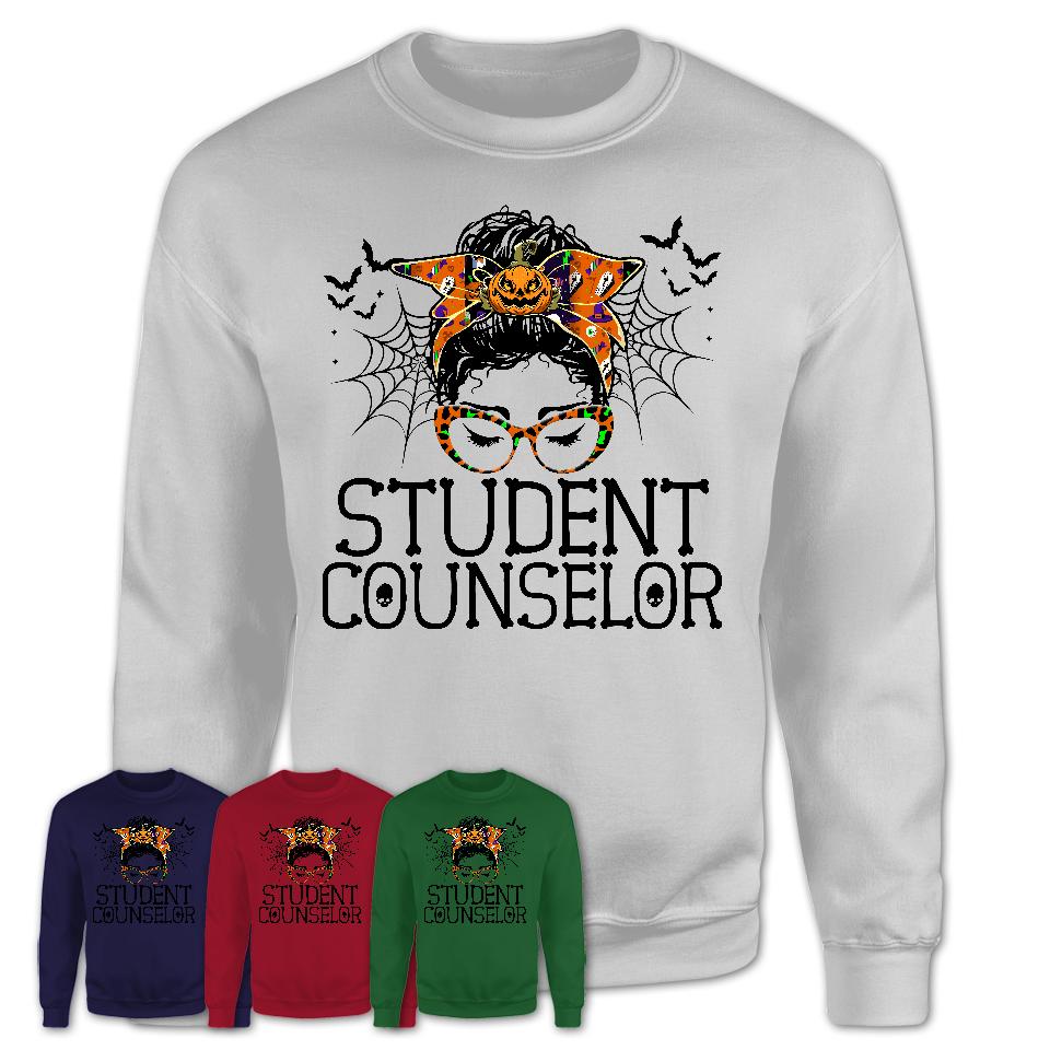 Halloween Student Counselor Shirt, Messy Bun Girl Shirt, Funny Coworker Gift in Halloween, Scary Costume Team Shirt