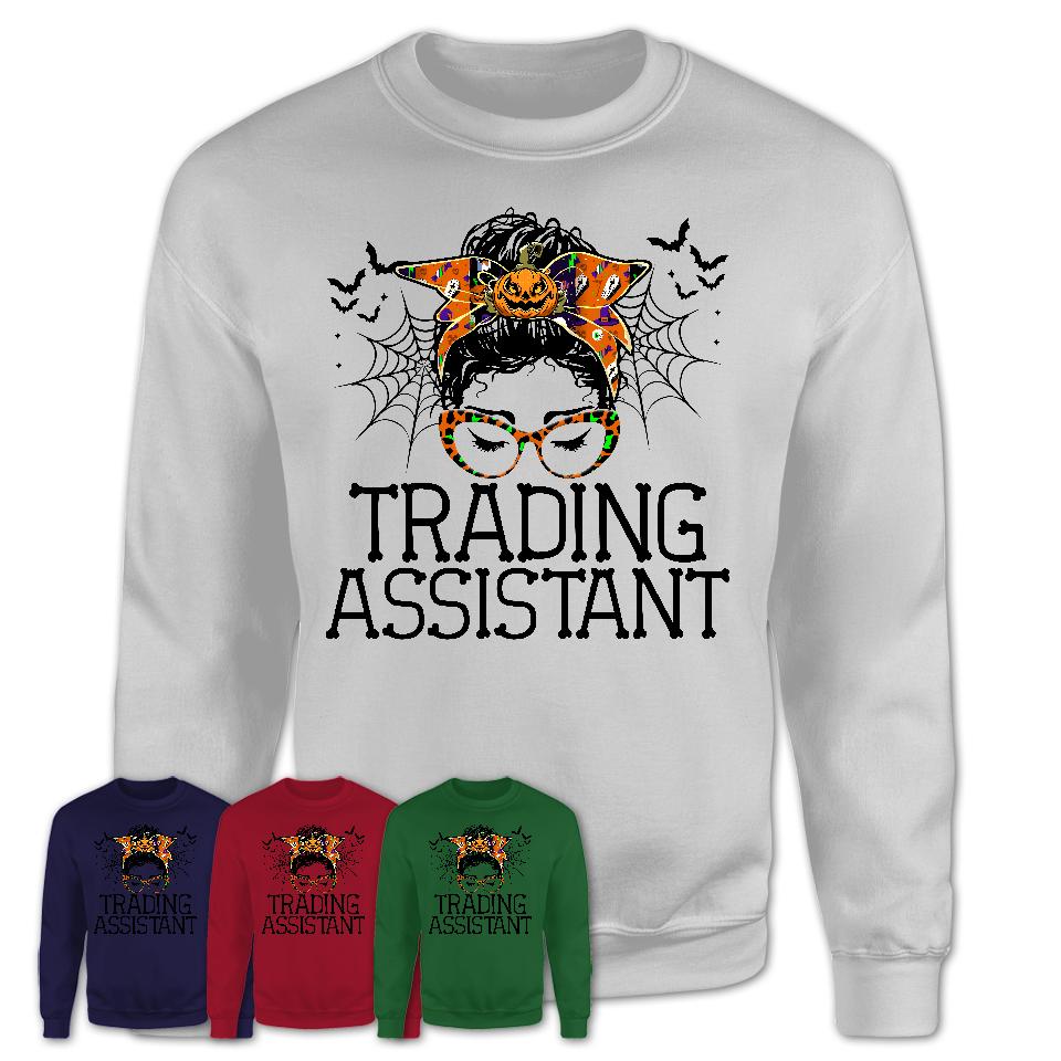 Halloween Trading Assistant Shirt, Messy Bun Girl Shirt, Funny Coworker Gift in Halloween, Scary Costume Team Shirt