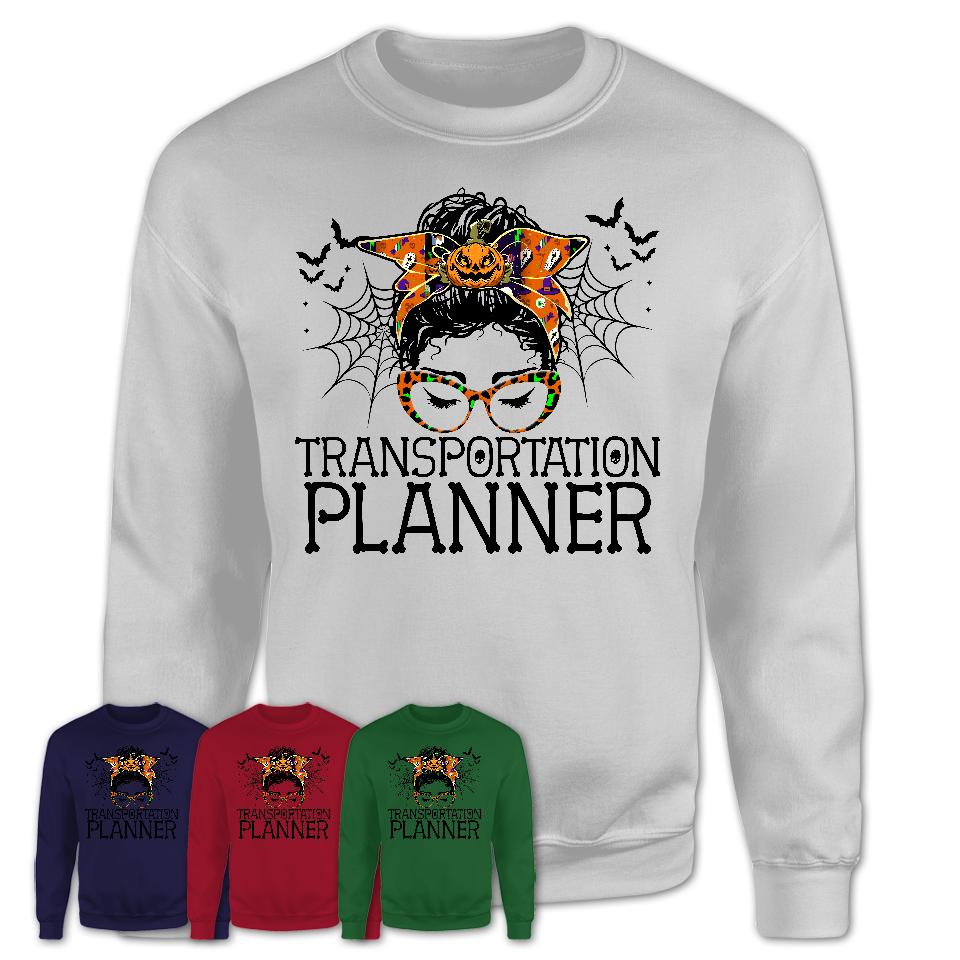 Halloween Transportation Planner Shirt, Messy Bun Girl Shirt, Funny Coworker Gift in Halloween, Scary Costume Team Shirt