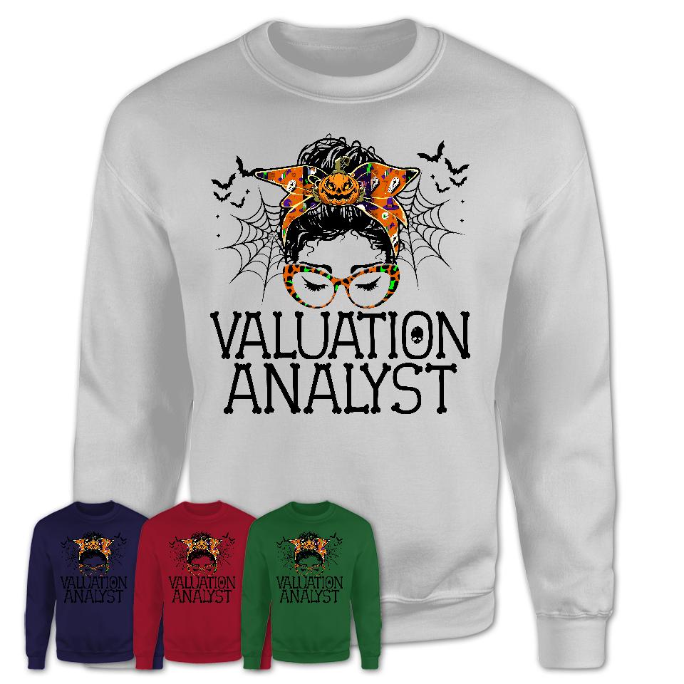 Halloween Valuation Analyst Shirt, Messy Bun Girl Shirt, Funny Coworker Gift in Halloween, Scary Costume Team Shirt