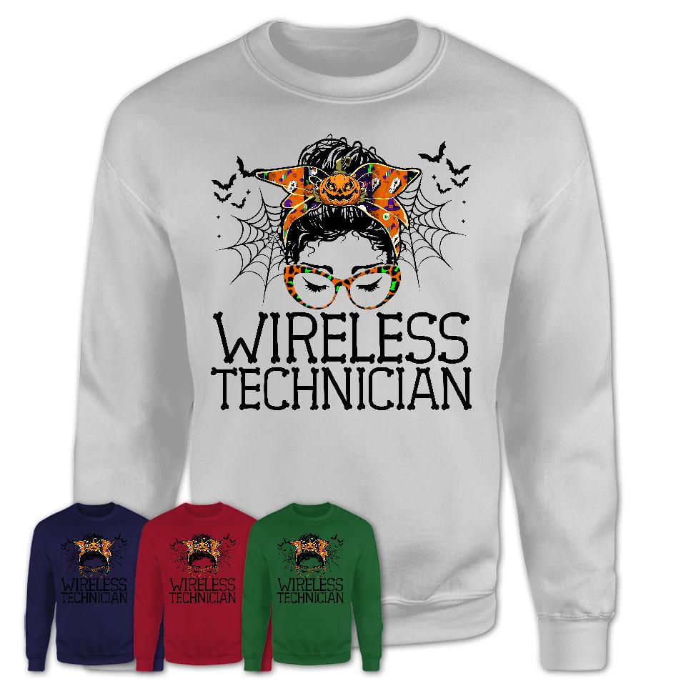 Halloween Wireless Technician Shirt, Messy Bun Girl Shirt, Funny Coworker Gift in Halloween, Scary Costume Team Shirt