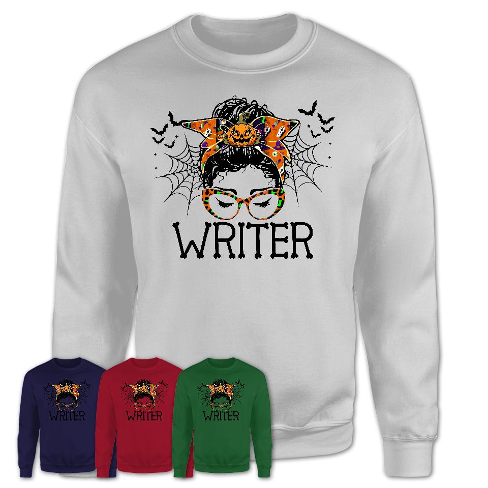 Halloween Writer Shirt, Messy Bun Girl Shirt, Funny Coworker Gift in Halloween, Scary Costume Team Shirt