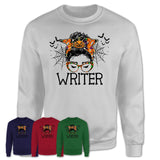 Halloween Writer Shirt, Messy Bun Girl Shirt, Funny Coworker Gift in Halloween, Scary Costume Team Shirt