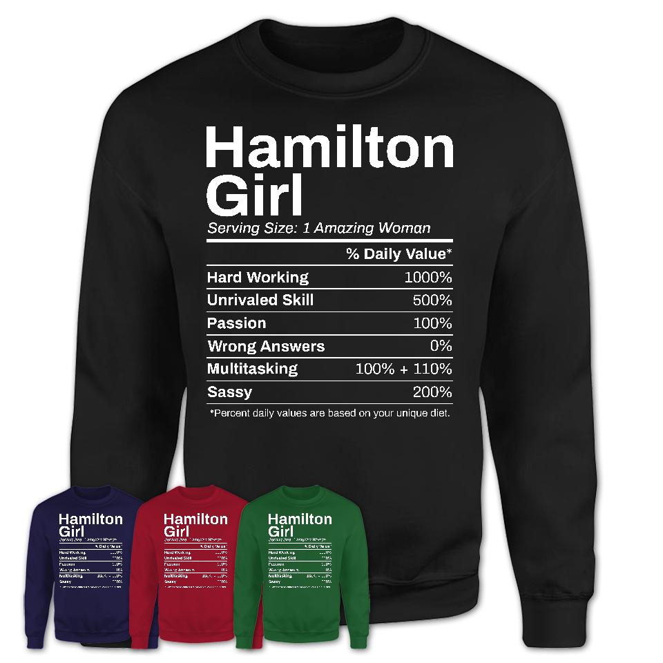 Hamilton Girl Ohio Nutrition Facts Proud Vintage Sport Born Living City Home Roots USA Gift Women T-Shirt