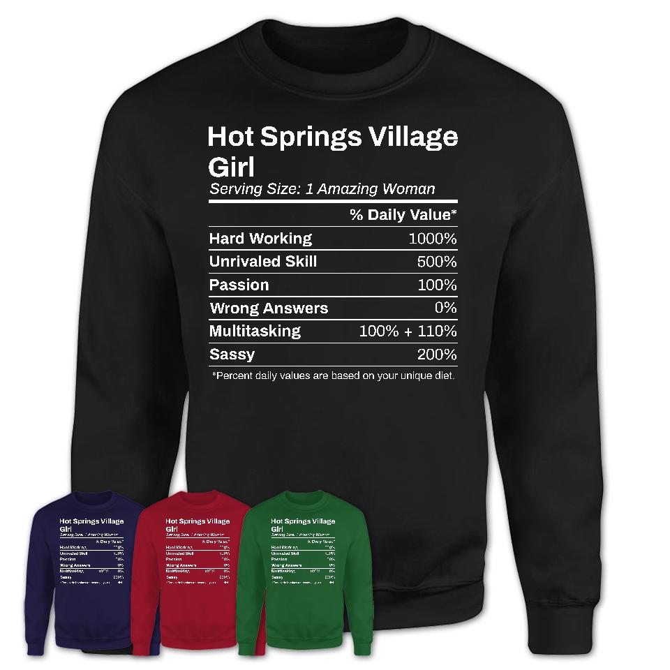 Hot Springs Village Girl Arkansas Nutrition Facts Proud Vintage Sport Born Living City Home Roots USA Gift Women T-Shirt