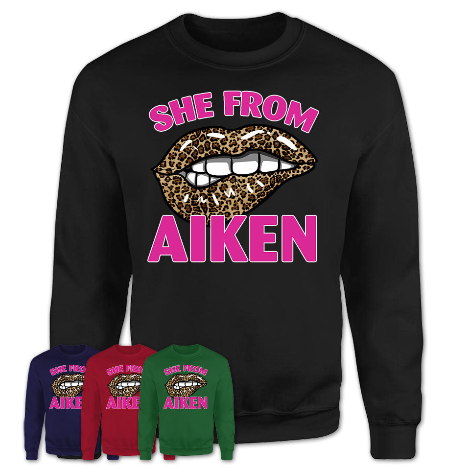 She From Aiken South Carolina Gift Cheetah Leopard Sexy Lips Shirt