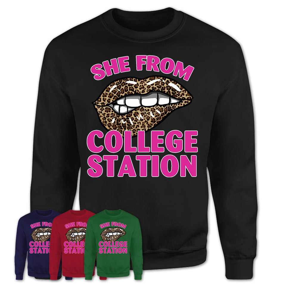 She From College Station Texas Gift Cheetah Leopard Sexy Lips Shirt