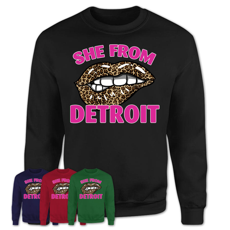 She From Detroit Michigan Gift Cheetah Leopard Sexy Lips Shirt