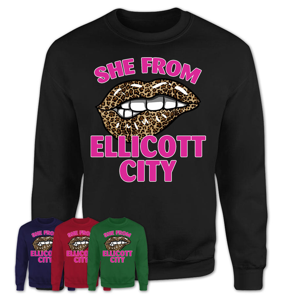 She From Ellicott City Maryland Gift Cheetah Leopard Sexy Lips Shirt