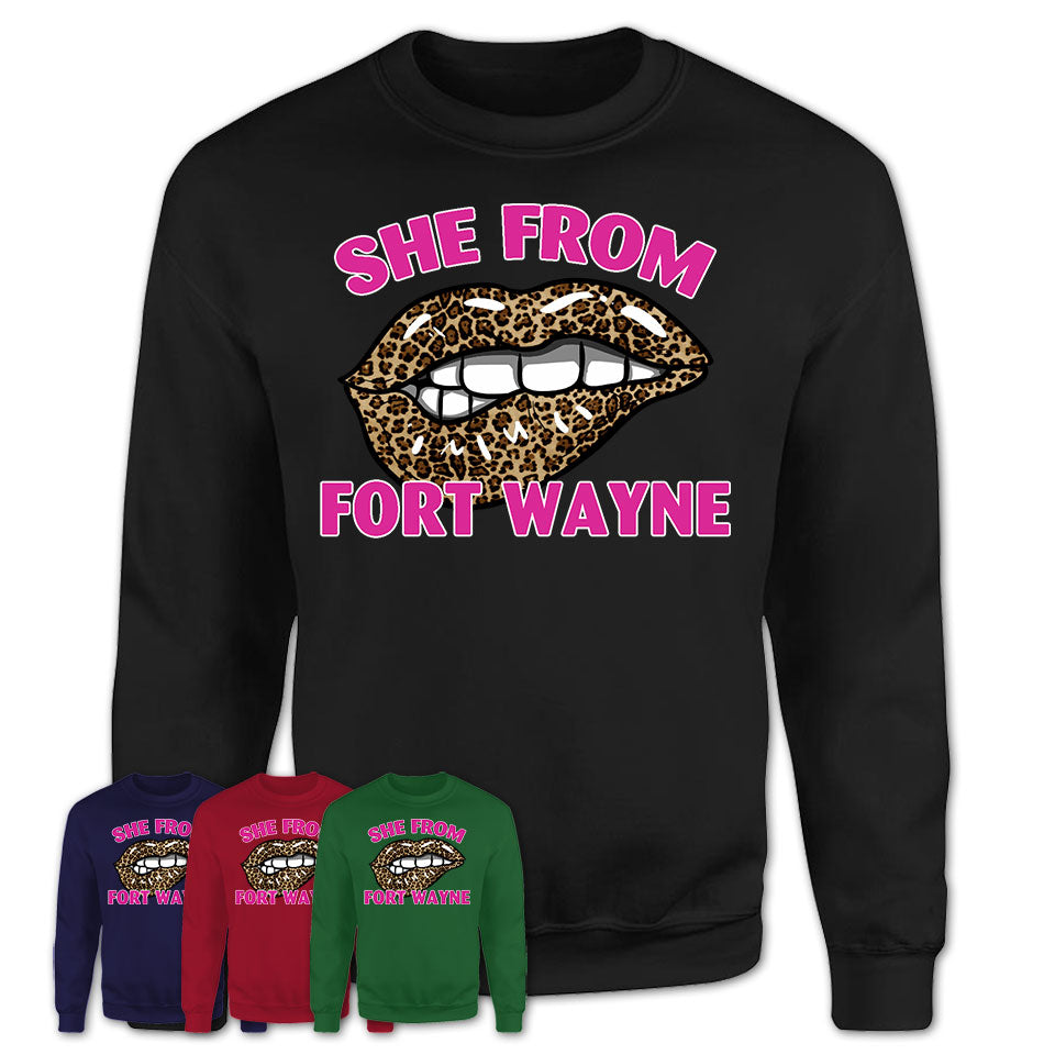 She From Fort Wayne Indiana Gift Cheetah Leopard Sexy Lips Shirt