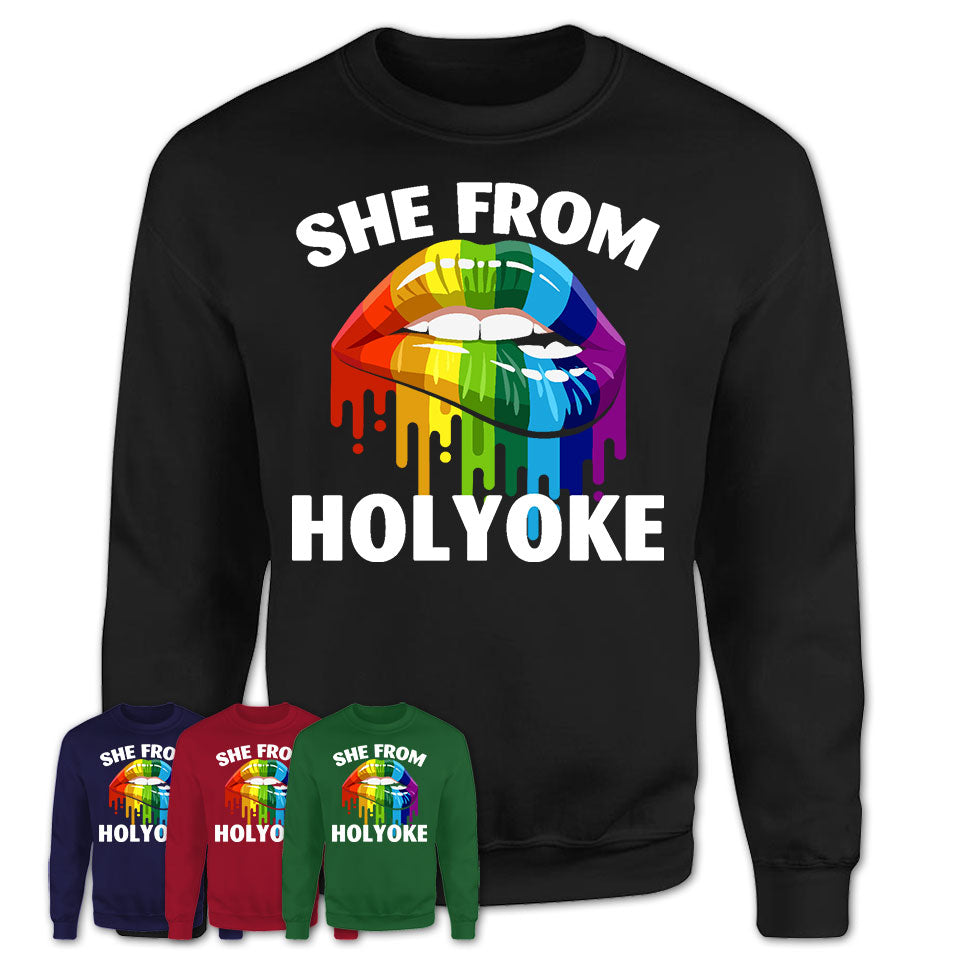 She From Holyoke Massachusetts T-Shirt LGBT Pride Sexy Lips Gift Shirt