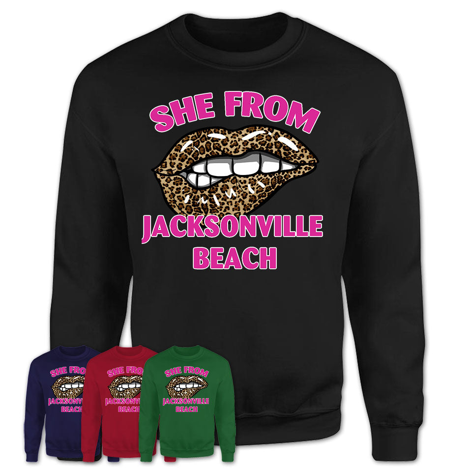 She From Jacksonville Beach Florida Gift Cheetah Leopard Sexy Lips Shirt