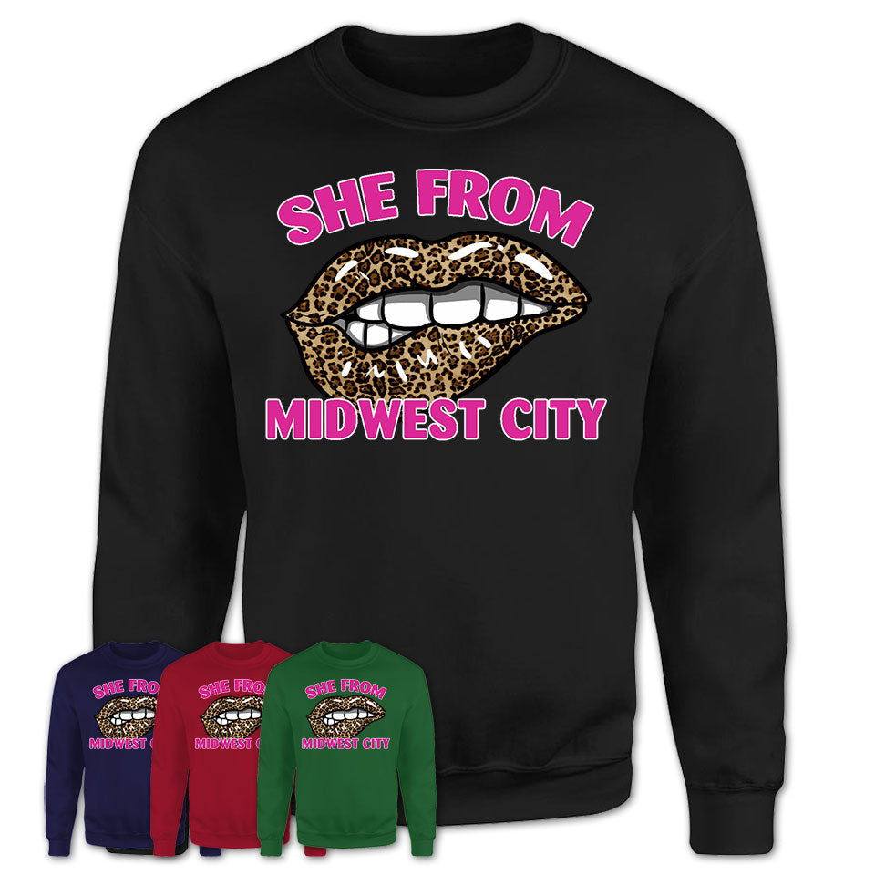 She From Midwest City Oklahoma Gift Cheetah Leopard Sexy Lips Shirt