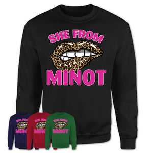 She From Minot North Dakota Gift Cheetah Leopard Sexy Lips Shirt