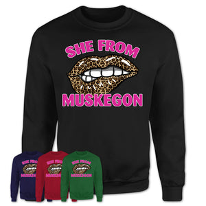 She From Muskegon Michigan Gift Cheetah Leopard Sexy Lips Shirt