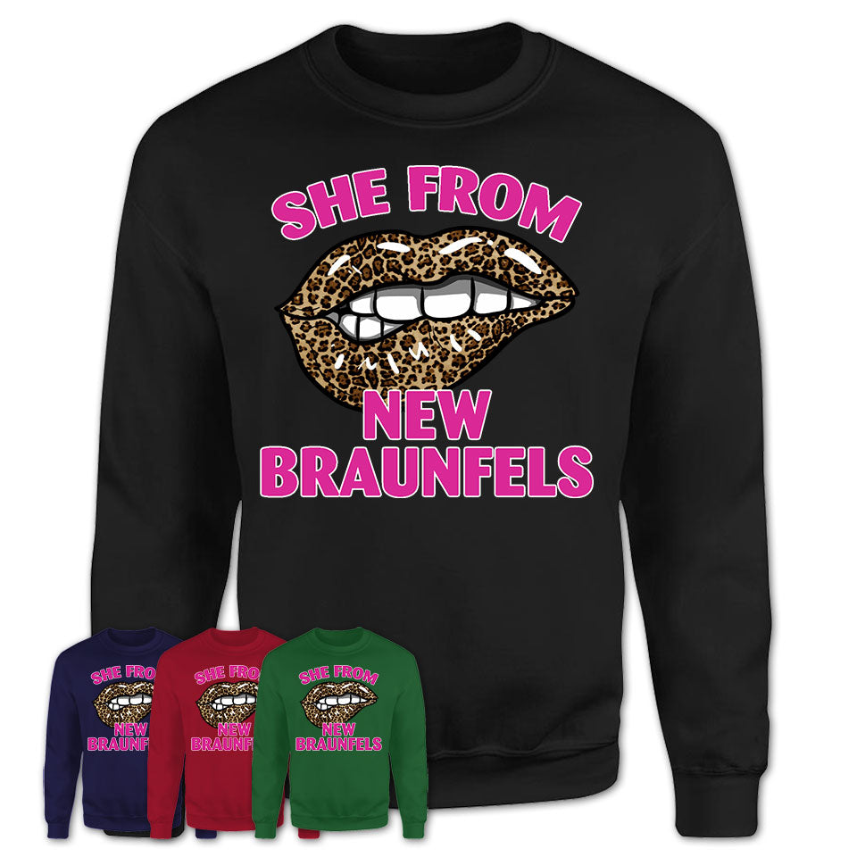 She From New Braunfels Texas Gift Cheetah Leopard Sexy Lips Shirt