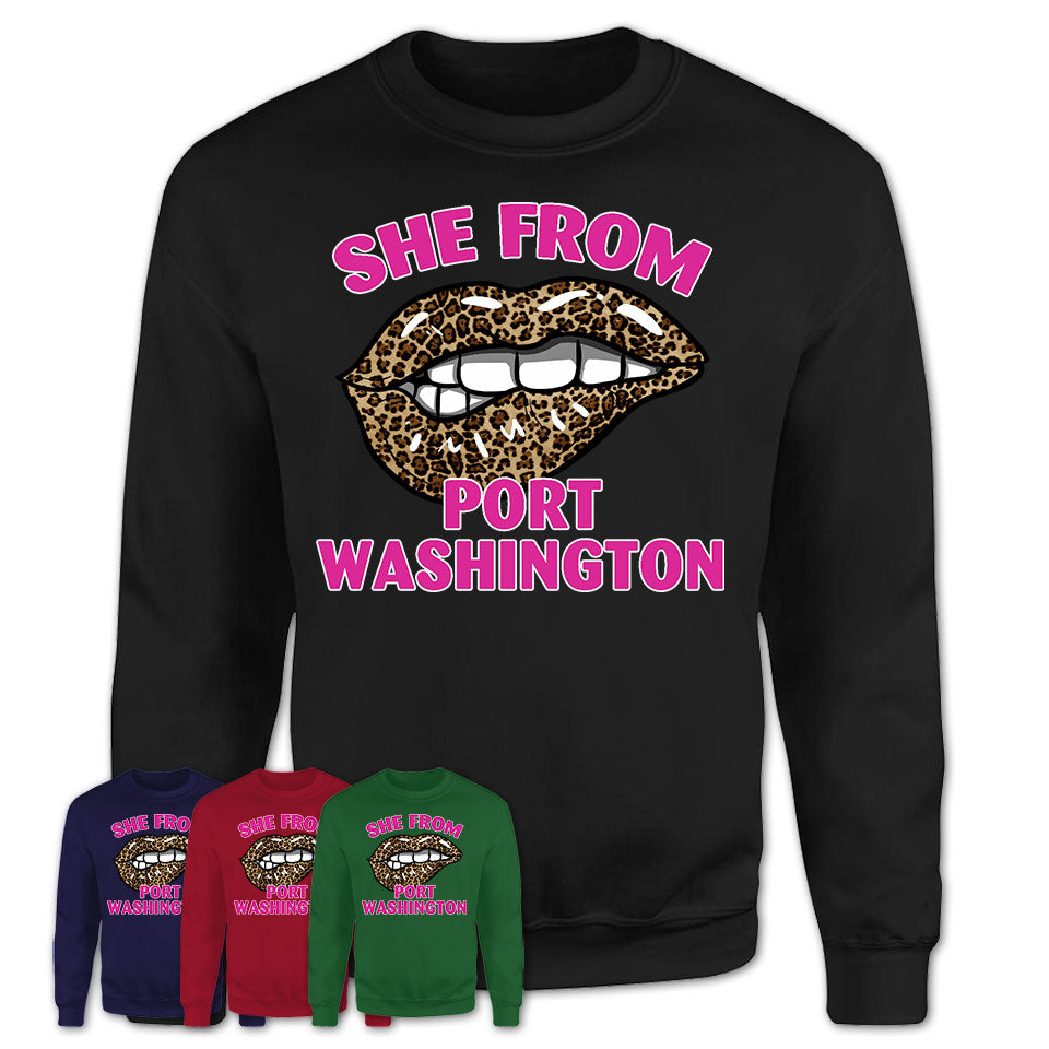 She From Port Washington New York Gift Cheetah Leopard Sexy Lips Shirt