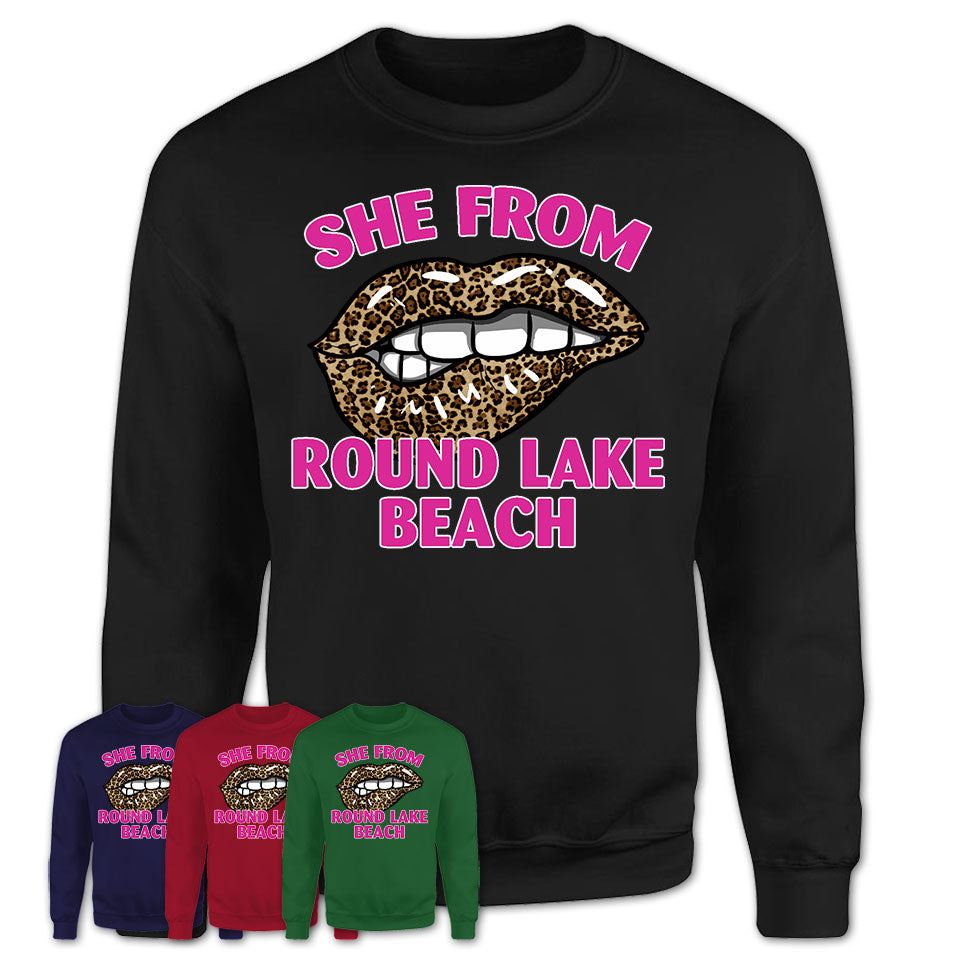She From Round Lake Beach Illinois Gift Cheetah Leopard Sexy Lips Shirt