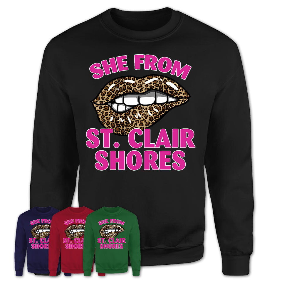 She From St. Clair Shores Michigan Gift Cheetah Leopard Sexy Lips Shirt