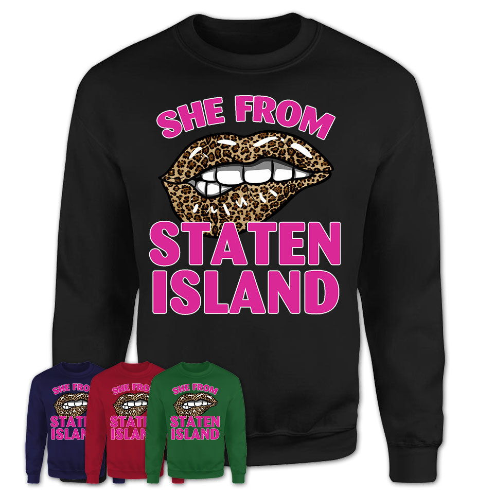 She From Staten Island New York Gift Cheetah Leopard Sexy Lips Shirt