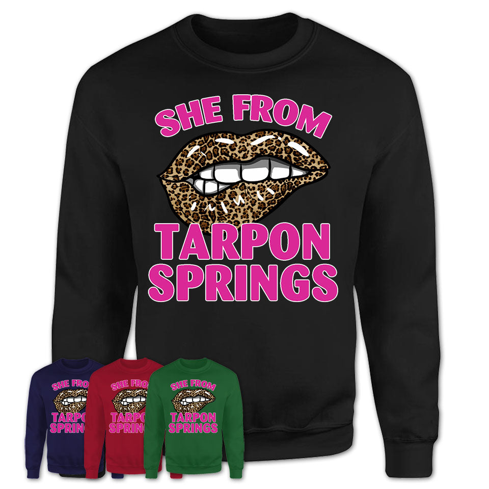 She From Tarpon Springs Florida Gift Cheetah Leopard Sexy Lips Shirt