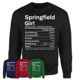 Springfield Girl Massachusetts Nutrition Facts Proud Vintage Sport Born Living City Home Roots USA Gift Women T-Shirt