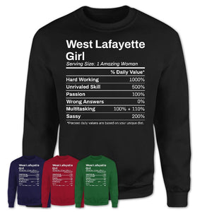 West Lafayette Girl Indiana Nutrition Facts Proud Vintage Sport Born Living City Home Roots USA Gift Women T-Shirt